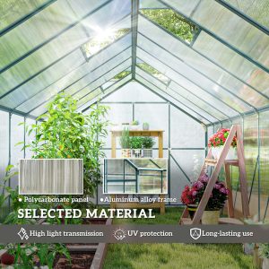 Outsunny Aluminum Greenhouse Polycarbonate Walk-in Garden Greenhouse with Sliding Door, 20' x 8', Green - Image 4