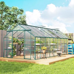 Outsunny Aluminum Greenhouse Polycarbonate Walk-in Garden Greenhouse with Sliding Door, 20' x 8', Green - Image 9