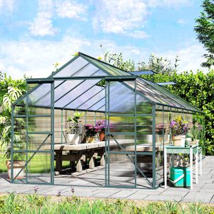 Outsunny Aluminum Greenhouse Polycarbonate Walk-in Garden Greenhouse with Sliding Door, 20' x 8', Green - Image 10