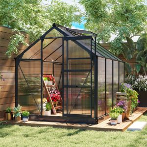 Outsunny Greenhouse Garden, Green House, Outdoor Greenhouse Kit, PC Board with Sliding Door, 6.2' x 8.3' x 6.6', Grey - Image 1
