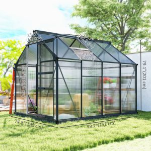 Outsunny Greenhouse Garden, Green House, Outdoor Greenhouse Kit, PC Board with Sliding Door, 6.2' x 8.3' x 6.6', Grey - Image 3