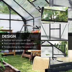 Outsunny Greenhouse Garden, Green House, Outdoor Greenhouse Kit, PC Board with Sliding Door, 6.2' x 8.3' x 6.6', Grey - Image 4
