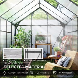 Outsunny Greenhouse Garden, Green House, Outdoor Greenhouse Kit, PC Board with Sliding Door, 6.2' x 8.3' x 6.6', Grey - Image 5