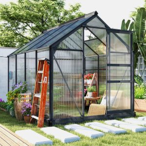 Outsunny Greenhouse Garden, Green House, Outdoor Greenhouse Kit, PC Board with Sliding Door, 6.2' x 8.3' x 6.6', Grey - Image 8