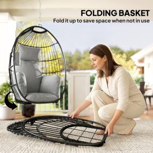 Outsunny Hanging Egg Chair Without Stand, Foldable Basket Swing Chair with Head Pillow, Soft Cushion and Cup Holder, Dark Grey - Image 15