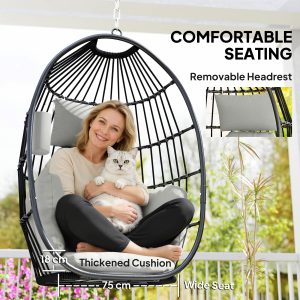 Outsunny Hanging Egg Chair Without Stand, Foldable Basket Swing Chair with Head Pillow, Soft Cushion and Cup Holder, Dark Grey - Image 16
