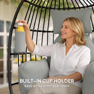 Outsunny Hanging Egg Chair Without Stand, Foldable Basket Swing Chair with Head Pillow, Soft Cushion and Cup Holder, Dark Grey - Image 17