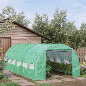 Outsunny Large Walk-in Greenhouse, 20'x10'x6.6' Tunnel Greenhouse with Zippered Door and 12 Roll-up Windows, Outdoor Green House for Garden Plant, Green - Image 1