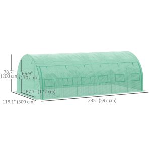 Outsunny Large Walk-in Greenhouse, 20'x10'x6.6' Tunnel Greenhouse with Zippered Door and 12 Roll-up Windows, Outdoor Green House for Garden Plant, Green - Image 3