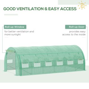 Outsunny Large Walk-in Greenhouse, 20'x10'x6.6' Tunnel Greenhouse with Zippered Door and 12 Roll-up Windows, Outdoor Green House for Garden Plant, Green - Image 5