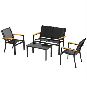 Outsunny Outdoor 4 Piece Set Patio Furniture with Sofa, Tempered Glass Tabletop for Garden Backyard Porch, Black - Image 2