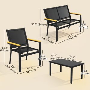 Outsunny Outdoor 4 Piece Set Patio Furniture with Sofa, Tempered Glass Tabletop for Garden Backyard Porch, Black - Image 3