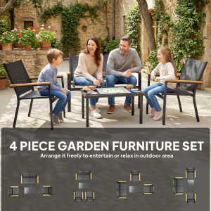 Outsunny Outdoor 4 Piece Set Patio Furniture with Sofa, Tempered Glass Tabletop for Garden Backyard Porch, Black - Image 4