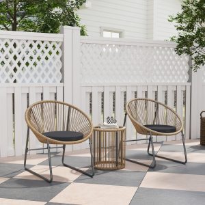 Outsunny Outdoor Bistro Set, 3 Piece Wicker Patio Furniture Set with 2 Chairs and Glass-Top Table, Natural Wood - Image 1