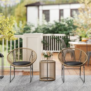 Outsunny Outdoor Bistro Set, 3 Piece Wicker Patio Furniture Set with 2 Chairs and Glass-Top Table, Natural Wood - Image 18