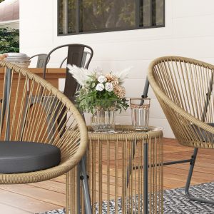 Outsunny Outdoor Bistro Set, 3 Piece Wicker Patio Furniture Set with 2 Chairs and Glass-Top Table, Natural Wood - Image 19