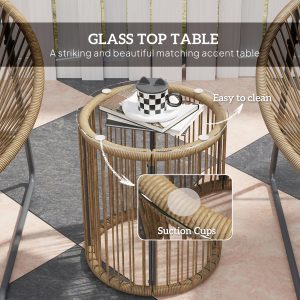 Outsunny Outdoor Bistro Set, 3 Piece Wicker Patio Furniture Set with 2 Chairs and Glass-Top Table, Natural Wood - Image 7