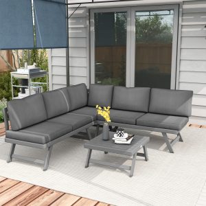 Outsunny Outdoor Corner Garden Set, Convertible 4-Piece Furniture with 2 Sofas, 1 Corner Chair, and 1 Coffee Table, Grey - Image 1