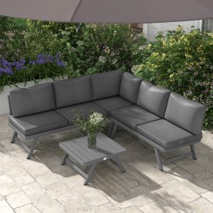 Outsunny Outdoor Corner Garden Set, Convertible 4-Piece Furniture with 2 Sofas, 1 Corner Chair, and 1 Coffee Table, Grey - Image 8