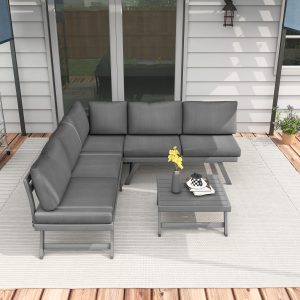 Outsunny Outdoor Corner Garden Set, Convertible 4-Piece Furniture with 2 Sofas, 1 Corner Chair, and 1 Coffee Table, Grey - Image 9