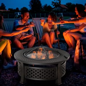 Outsunny Outdoor Fire Pit, Firepit with Grill Net, Mesh Lid, Poker, for Camping, Bonfire, Picnic, Bronze - Image 1