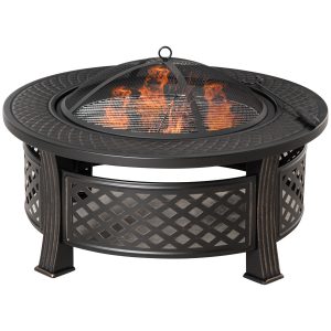 Outsunny Outdoor Fire Pit, Firepit with Grill Net, Mesh Lid, Poker, for Camping, Bonfire, Picnic, Bronze - Image 2