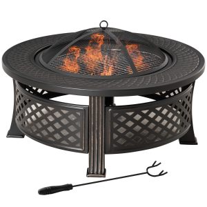 Outsunny Outdoor Fire Pit, Firepit with Grill Net, Mesh Lid, Poker, for Camping, Bonfire, Picnic, Bronze - Image 11