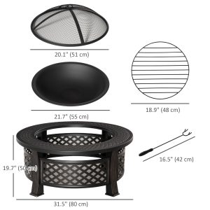 Outsunny Outdoor Fire Pit, Firepit with Grill Net, Mesh Lid, Poker, for Camping, Bonfire, Picnic, Bronze - Image 3