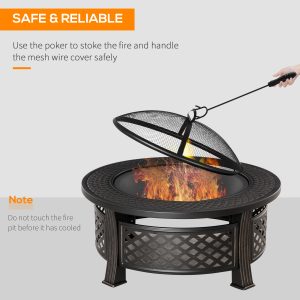 Outsunny Outdoor Fire Pit, Firepit with Grill Net, Mesh Lid, Poker, for Camping, Bonfire, Picnic, Bronze - Image 4