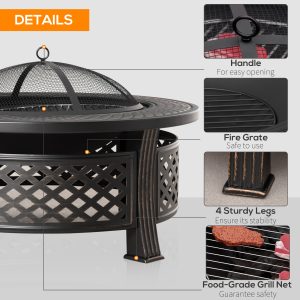 Outsunny Outdoor Fire Pit, Firepit with Grill Net, Mesh Lid, Poker, for Camping, Bonfire, Picnic, Bronze - Image 5