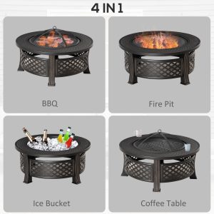 Outsunny Outdoor Fire Pit, Firepit with Grill Net, Mesh Lid, Poker, for Camping, Bonfire, Picnic, Bronze - Image 7