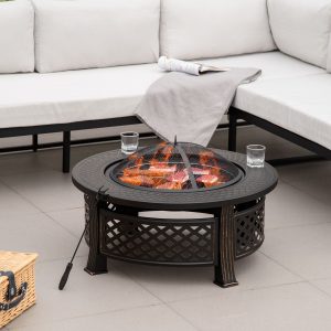 Outsunny Outdoor Fire Pit, Firepit with Grill Net, Mesh Lid, Poker, for Camping, Bonfire, Picnic, Bronze - Image 8