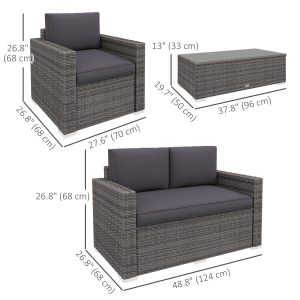 Outsunny Outdoor Furniture with Table, Wicker Furniture with Loveseat and 2 Chair for Garden, Poolside, Grey - Image 3