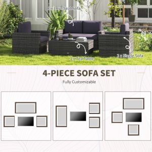 Outsunny Outdoor Furniture with Table, Wicker Furniture with Loveseat and 2 Chair for Garden, Poolside, Grey - Image 5