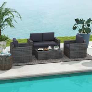 Outsunny Outdoor Furniture with Table, Wicker Furniture with Loveseat and 2 Chair for Garden, Poolside, Grey - Image 8