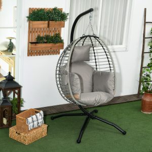Outsunny Outdoor Hanging Egg Chair with Thick Padded Cushion, Patio Swing Chair, Grey - Image 1
