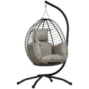 Outsunny Outdoor Hanging Egg Chair with Thick Padded Cushion, Patio Swing Chair, Grey - Image 11