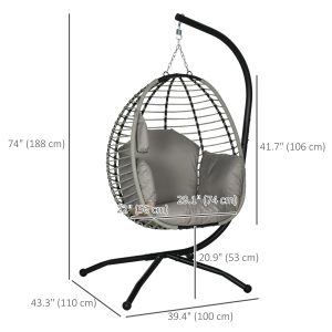 Outsunny Outdoor Hanging Egg Chair with Thick Padded Cushion, Patio Swing Chair, Grey - Image 3