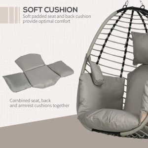 Outsunny Outdoor Hanging Egg Chair with Thick Padded Cushion, Patio Swing Chair, Grey - Image 6
