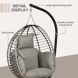 Outsunny Outdoor Hanging Egg Chair with Thick Padded Cushion, Patio Swing Chair, Grey - Image 7