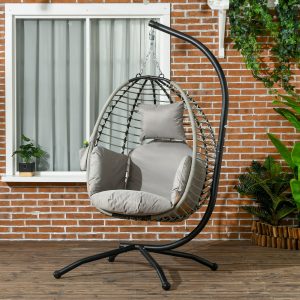Outsunny Outdoor Hanging Egg Chair with Thick Padded Cushion, Patio Swing Chair, Grey - Image 8