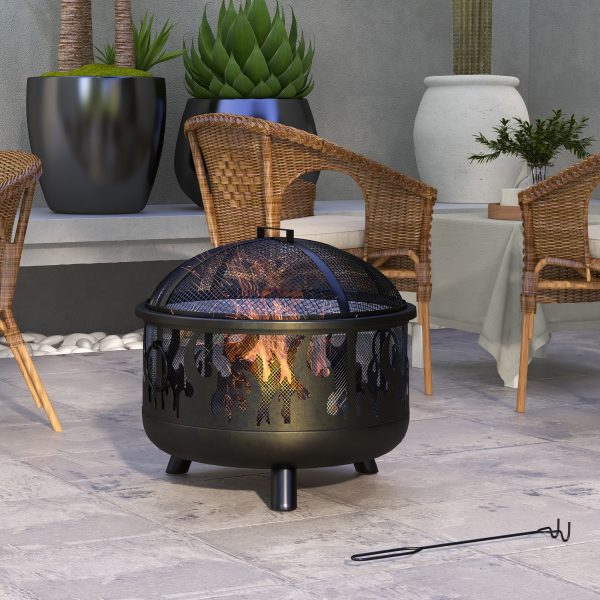 Outsunny Outdoor Metal Fire Pit, 24" Round Firepit Bowl w/ Lid Grill Poker Handles for Garden, Camping, BBQ, Bonfire, Black - Image 1