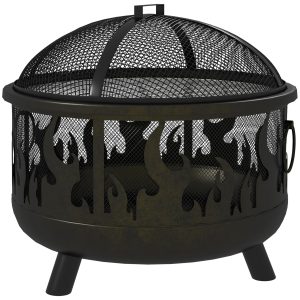 Outsunny Outdoor Metal Fire Pit, 24" Round Firepit Bowl w/ Lid Grill Poker Handles for Garden, Camping, BBQ, Bonfire, Black - Image 2