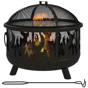 Outsunny Outdoor Metal Fire Pit, 24" Round Firepit Bowl w/ Lid Grill Poker Handles for Garden, Camping, BBQ, Bonfire, Black - Image 11