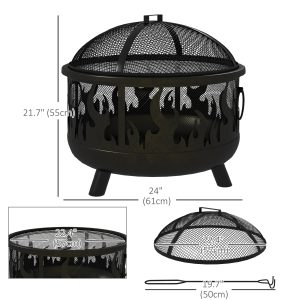 Outsunny Outdoor Metal Fire Pit, 24" Round Firepit Bowl w/ Lid Grill Poker Handles for Garden, Camping, BBQ, Bonfire, Black - Image 3