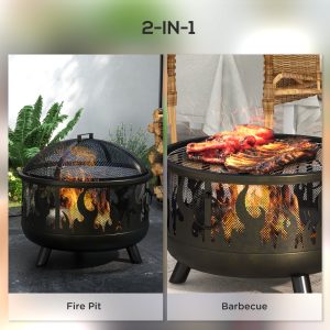 Outsunny Outdoor Metal Fire Pit, 24" Round Firepit Bowl w/ Lid Grill Poker Handles for Garden, Camping, BBQ, Bonfire, Black - Image 4