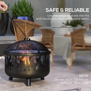 Outsunny Outdoor Metal Fire Pit, 24" Round Firepit Bowl w/ Lid Grill Poker Handles for Garden, Camping, BBQ, Bonfire, Black - Image 5