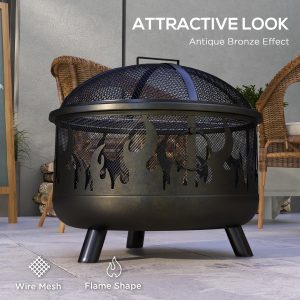 Outsunny Outdoor Metal Fire Pit, 24" Round Firepit Bowl w/ Lid Grill Poker Handles for Garden, Camping, BBQ, Bonfire, Black - Image 7