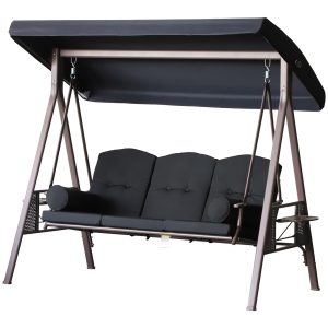 Outsunny Outdoor Patio 3-Person Steel Canopy Cushioned Seat Bench Swing with Included Side Trays & Padded Comfort, Black - Image 11