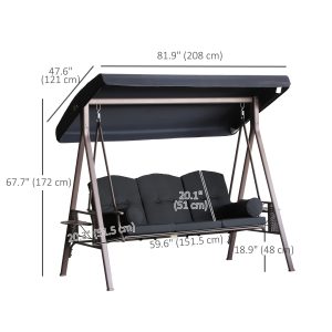 Outsunny Outdoor Patio 3-Person Steel Canopy Cushioned Seat Bench Swing with Included Side Trays & Padded Comfort, Black - Image 3